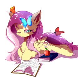 Size: 1500x1500 | Tagged: safe, artist:heddopen, fluttershy, butterfly, pegasus, pony, g4, apple, book, chest fluff, cute, ear fluff, food, lying, one eye closed, shyabetes, simple background, white background, wings