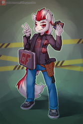 Size: 1080x1621 | Tagged: safe, artist:ohmymarton, oc, oc only, anthro, anthro oc, briefcase, card, clothes, commission, looking at you, pants, patreon, patreon logo, shoes, solo