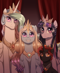 Size: 1000x1200 | Tagged: safe, artist:verawitch, princess celestia, twilight sparkle, oc, oc:daylight radiance, oc:vesper, alicorn, pony, g4, alicorn oc, brother and sister, family photo, female, jewelry, lesbian, long hair, looking at you, magical lesbian spawn, male, necklace, offspring, older, parent:princess celestia, parent:twilight sparkle, parents:twilestia, regalia, ship:twilestia, shipping, smiling, twilight sparkle (alicorn)