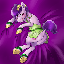 Size: 1280x1280 | Tagged: safe, artist:jitterbugjive, oc, oc only, oc:lavender love, earth pony, pony, blushing, butt, clothes, dock, jewelry, looking at you, male, plot, raised tail, solo, stallion, tail, tongue out, underhoof
