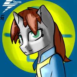 Size: 1024x1024 | Tagged: safe, artist:endelthepegasus, oc, oc only, oc:littlepip, pony, unicorn, fallout equestria, abstract background, clothes, crossover, fanfic, fanfic art, female, horn, jumpsuit, mare, solo, text, vault suit