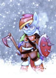 Size: 1975x2750 | Tagged: safe, artist:mustachedbain, rainbow dash, pony, g4, axe, bipedal, clothes, cold, female, mare, shield, snow, snowfall, solo, standing, weapon