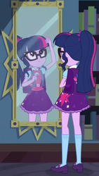 Size: 1242x2208 | Tagged: safe, screencap, sci-twi, twilight sparkle, eqg summertime shorts, equestria girls, g4, monday blues, backpack, belt, bowtie, clothes, cropped, cute, female, geode of telekinesis, glasses, looking up, magical geodes, mary janes, mirror, ponytail, sci-twi outfits, skirt, socks, solo, twiabetes