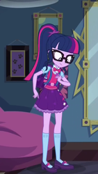 Size: 1242x2208 | Tagged: safe, screencap, sci-twi, twilight sparkle, eqg summertime shorts, equestria girls, g4, monday blues, backpack, beanbag chair, belt, bowtie, clothes, cropped, cute, female, geode of telekinesis, glasses, looking down, magical geodes, mary janes, mirror, paw prints, ponytail, sci-twi outfits, skirt, socks, solo, twiabetes