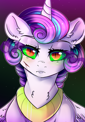 Size: 2083x3000 | Tagged: safe, artist:kao-chou, princess flurry heart, alicorn, pony, g4, bust, collar, corrupted, dark magic, evil flurry heart, female, high res, jewelry, looking at you, magic, mare, necklace, regalia, slit pupils, solo, sombra eyes