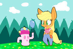 Size: 3000x2000 | Tagged: safe, artist:heir-of-rick, applejack, pinkie pie, anthro, daily apple pony, g4, animal crossing, balloon, big ears, clothes, freckles, gyroid, gyroidified, hidden cane, high res, species swap