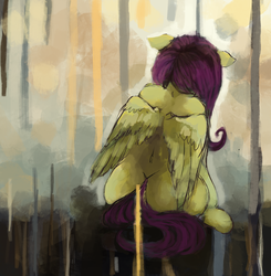 Size: 1953x1992 | Tagged: safe, artist:misstwipietwins, fluttershy, pegasus, pony, g4, back, female, floppy ears, mare, rear, rear view, reflection, sad, sitting, solo, surreal, wings