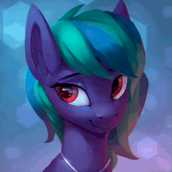 Size: 550x550 | Tagged: safe, artist:rodrigues404, oc, oc only, oc:shadow craft, earth pony, pony, abstract background, animated, blinking, bust, cinemagraph, commission, digital art, female, looking sideways, mare, red eyes, smiling, solo