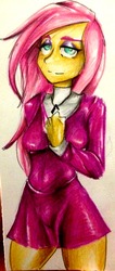 Size: 1325x3127 | Tagged: safe, artist:nolyanimeid, fluttershy, human, fake it 'til you make it, g4, clothes, female, fluttergoth, goth, humanized, loose hair, pony coloring, solo, traditional art