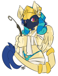 Size: 2442x3178 | Tagged: safe, artist:bbsartboutique, oc, oc:shesta, jackal, sphinx, anubis, bandage, blue underwear, clothes, ear piercing, earring, egyptian, egyptian pony, embalming tools, eye of horus, flat colors, gold, grey matter-removal tools, high res, jackal mask, jewelry, leonine tail, mask, mummy, nemes headdress, panties, piercing, ring, signature, simple background, sphinx oc, striped underwear, transparent background, underwear