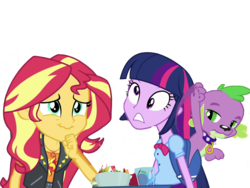 Size: 2048x1536 | Tagged: dead source, safe, artist:php77, editor:php77, spike, sunset shimmer, twilight sparkle, alicorn, dog, equestria girls, equestria girls series, g4, my little pony equestria girls, apple, backpack, bedroom eyes, bowtie, burger, clothes, cup, food, fruit salad, geode of empathy, jacket, leather jacket, magical geodes, plate, salad, simple background, spike the dog, transparent background, twilight sparkle (alicorn)