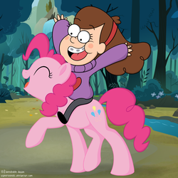 Size: 1500x1500 | Tagged: safe, artist:vampteen83, pinkie pie, earth pony, pony, g4, crossover, duo, eyes closed, female, forest, gravity falls, happy, humans riding ponies, mabel pines, male, mare, open mouth, raised hoof, riding, xk-class end-of-the-world scenario