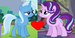 Size: 1370x706 | Tagged: safe, edit, edited screencap, screencap, starlight glimmer, trixie, g4, female, lesbian, ship:startrix, shipping, shipping domino