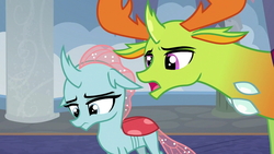 Size: 1280x720 | Tagged: safe, edit, edited screencap, screencap, ocellus, thorax, changedling, changeling, g4, school daze, female, floppy ears, frown, king thorax, lidded eyes, looking down, male, open mouth, pony eyes, pony eyes edit, sad
