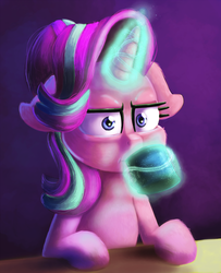 Size: 1623x2000 | Tagged: safe, artist:discorded, starlight glimmer, pony, unicorn, g4, marks for effort, chocolate, cup, empathy cocoa, female, floppy ears, food, glowing horn, horn, hot chocolate, i mean i see, levitation, magic, mare, solo, telekinesis