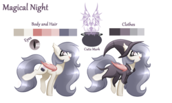 Size: 2000x1200 | Tagged: safe, artist:sugaryicecreammlp, oc, oc only, oc:magical night, bat pony, pony, clothes, colored, dress, female, hat, mare, reference sheet, simple background, solo, transparent background, wings, witch hat