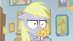Size: 1920x1080 | Tagged: safe, edit, edited screencap, screencap, derpy hooves, pony, g4, marks for effort, dialogue, discovery family logo, female, floppy ears, food, i mean i see, image macro, meme, muffin, solo