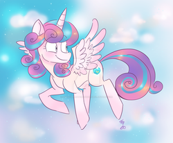 Size: 1024x843 | Tagged: safe, artist:drawbauchery, princess flurry heart, alicorn, pony, g4, female, flying, looking back, mare, older, older flurry heart, smiling, solo