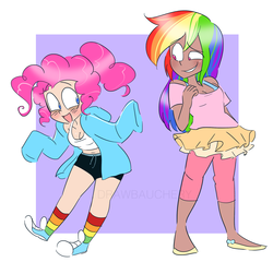 Size: 2167x2080 | Tagged: safe, artist:drawbauchery, pinkie pie, rainbow dash, human, g4, clothes, clothes swap, converse, female, high res, humanized, lesbian, open mouth, rainbow socks, ship:pinkiedash, shipping, shoes, smiling, socks, striped socks