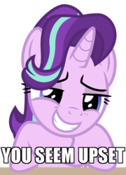 Size: 737x1024 | Tagged: safe, artist:masem, edit, starlight glimmer, pony, g4, marks for effort, dialogue, female, image macro, looking at you, meme, simple background, smiling, solo, strollight glimmer, transparent background, trollface, vector, you seem upset