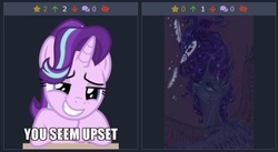 Size: 487x266 | Tagged: safe, princess luna, starlight glimmer, derpibooru, g4, dialogue, exploitable meme, juxtaposition, juxtaposition win, meme, meta, upset