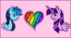 Size: 1024x549 | Tagged: safe, artist:aurasinchaser, rainbow dash, twilight sparkle, alicorn, pegasus, pony, g4, bust, female, gay pride flag, heart, lesbian, portrait, pride, pride flag, ship:twidash, shipping, twilight sparkle (alicorn)