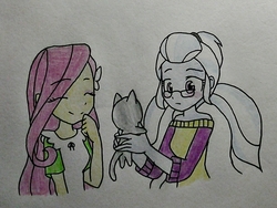 Size: 967x726 | Tagged: safe, artist:fantasygerard2000, fluttershy, sugarcoat, cat, equestria girls, g4, blushing, colored pencil drawing, cropped, cute, duo, duo female, female, glasses, holding, smiling, sugarcute, that shadowbolt sure does love cats, traditional art