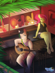 Size: 3000x4000 | Tagged: safe, artist:xwhitedreamsx, oc, oc only, oc:margarite mix, oc:samba volta, earth pony, anthro, unguligrade anthro, acoustic guitar, anthro oc, bar, clothes, commission, ear piercing, eyes closed, female, guitar, male, mare, musical instrument, one eye closed, piercing, shorts, smiling, stallion, stool, voltix