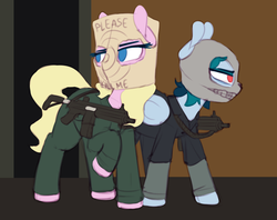 Size: 1485x1179 | Tagged: safe, artist:shinodage, oc, oc only, oc:delta vee, oc:nurse bonesaw, pegasus, pony, clothes, female, gun, mare, mask, robbery, this will end in bank robbery, this will end in jail time, weapon