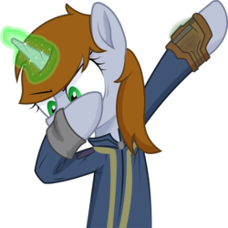 Size: 2421x2421 | Tagged: safe, artist:brisineo, artist:warking76, edit, oc, oc only, oc:littlepip, pony, unicorn, fallout equestria, clothes, dab, fallout, fallout 76, fanfic, fanfic art, female, glowing horn, high res, hooves, horn, jumpsuit, magic, mare, meme, pipbuck, simple background, solo, transparent background, vault suit, vector