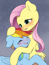 Size: 900x1200 | Tagged: safe, artist:ayahana, fluttershy, rainbow dash, pegasus, pony, g4, comforting, crying, eyes closed, female, floppy ears, folded wings, hug, lesbian, mare, open mouth, ship:flutterdash, shipping, snot, sweat, sweatdrops, teary eyes, wings
