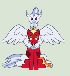 Size: 920x1000 | Tagged: safe, artist:peregrinstaraptor, oc, oc only, oc:sunfyre, oc:valour flame, classical hippogriff, hippogriff, pegasus, pony, hug, male, simple background, sitting, stallion