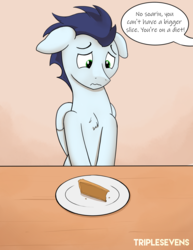 Size: 2702x3508 | Tagged: safe, artist:triplesevens, soarin', pegasus, pony, g4, chest fluff, diet, floppy ears, food, high res, male, offscreen character, pie, pumpkin pie, pure unfiltered evil, sad, solo, speech bubble, text, that pony sure does love pies