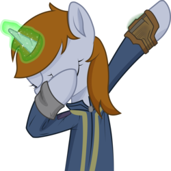 Size: 2421x2421 | Tagged: safe, artist:brisineo, artist:warking76, edit, oc, oc only, oc:littlepip, pony, unicorn, fallout equestria, clothes, dab, eyes closed, fallout, fallout 76, fanfic, fanfic art, female, glowing horn, high res, hooves, horn, jumpsuit, magic, mare, meme, pipbuck, simple background, solo, transparent background, vault suit, vector