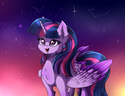 Size: 2584x1997 | Tagged: safe, artist:marbola, twilight sparkle, alicorn, pony, g4, chest fluff, constellation, cute, ear fluff, female, mare, solo, stars, sunset, twiabetes, twilight sparkle (alicorn)