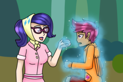 Size: 2500x1666 | Tagged: safe, artist:spokenmind93, rarity, scootaloo, human, g4, sleepless in ponyville, camping outfit, child, cutie mark, duo, female, humanized, levitation, magic, scene interpretation, simple background, sunglasses, telekinesis, the cmc's cutie marks, winged humanization, wings