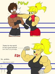 Size: 1620x2146 | Tagged: safe, artist:matchstickman, applejack, oc, human, g4, applejacked, biceps, boxing, boxing gloves, breasts, busty applejack, dialogue, duo, flexing, humanized, knock out, muscles, one eye closed, ponytail, punch, sports, victory, wingding eyes, wink