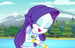 Size: 1111x720 | Tagged: safe, screencap, rarity, equestria girls, g4, legend of everfree, animated, camp everfree logo, camp everfree outfits, cute, female, forest, gif, lidded eyes, mountain, raribetes, river, solo