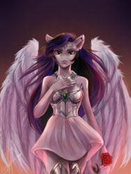 Size: 1500x2000 | Tagged: safe, artist:zefirayn, oc, oc only, pegasus, anthro, anthro oc, clothes, digital art, dress, ear piercing, female, flower, green eyes, hand on chest, lipstick, looking forward, mare, piercing, rose, signature, solo, spread wings, vexel, wings, ych result