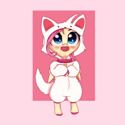 Size: 3000x3000 | Tagged: dead source, safe, artist:miokomata, fluttershy, pegasus, pony, g4, adult foal, bipedal, clothes, collar, costume, cute, female, freckles, high res, hnnng, kigurumi, mare, pacifier, shyabetes, solo