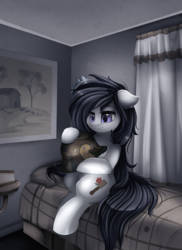Size: 2550x3509 | Tagged: safe, artist:pridark, oc, oc only, oc:schneeblume, earth pony, pony, fanfic:the flower mare, bed, bedroom, commission, helmet, high res, looking at something, solo, world war i