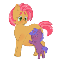 Size: 700x685 | Tagged: safe, artist:ukulelepineapplecat, babs seed, oc, pony, unicorn, g4, adopted offspring, adult, blushing, colt, foal, male, multiple pregnancy, older, pregnant