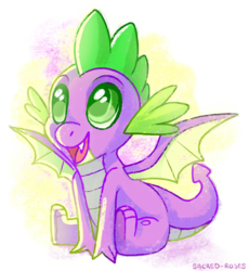 Size: 1763x1914 | Tagged: safe, artist:sacredroses-art, spike, dragon, g4, molt down, abstract background, baby, baby dragon, colored pupils, cute, fangs, green eyes, happy, looking up, male, open mouth, signature, sitting, smiling, solo, spikabetes, watermark, winged spike, wings