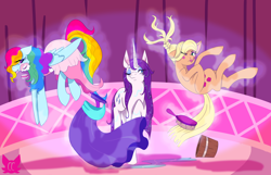 Size: 3054x1963 | Tagged: safe, artist:cckittycreative, applejack, rainbow dash, rarity, g4, and then there's rarity, applejack also dresses in style, blushing, braiding, bucket, clothes, dress, forced makeover, hairbrush, levitation, lipstick, magic, makeover, makeup, one eye closed, punishment, rainbow dash always dresses in style, telekinesis, tomboy taming, tongue out, wet, wet mane, wet mane rarity
