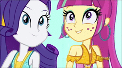 Size: 1920x1080 | Tagged: safe, edit, editor:someguy845, screencap, rarity, sour sweet, equestria girls, equestria girls specials, g4, my little pony equestria girls: dance magic, 80s, animated, cute, dancing, discovery family logo, duet, duo, ear piercing, earring, female, freckles, hooped earrings, invisible stallion, jewelry, music, piercing, raribetes, singing, sound, sourbetes, webm