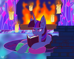 Size: 1024x819 | Tagged: safe, artist:cckittycreative, twilight sparkle, pony, g4, book, candle, ear fluff, female, fireplace, lidded eyes, mare, pillow, prone, reading, smiling, solo