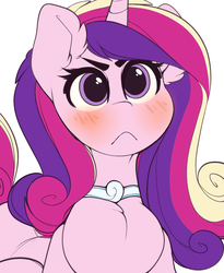 Size: 2072x2527 | Tagged: safe, artist:kribbles, princess cadance, alicorn, pony, g4, :<, blushing, bust, cadance is not amused, chest fluff, choker, cute, cutedance, female, frown, high res, hnnng, horn, serious, serious face, simple background, unamused, white background