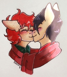 Size: 1054x1200 | Tagged: safe, artist:paula-li, blushing, clothes, crossover, floppy ears, gay, kissing, kyle broflovski, male, scarf, shared clothing, shared scarf, shipping, south park, stan marsh, style (south park), traditional art
