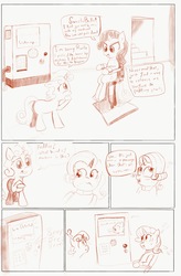 Size: 2064x3150 | Tagged: safe, artist:rusticanon, rarity, sweetie belle, pony, unicorn, comic:rarity's secret machine, g4, :o, angry, big bad wolf, bondage, bondage furniture, butt, comic, female, filly, high res, lie detector, machine, monochrome, mouth soaping, open mouth, plot, practical pig, restrained, scrunchy face, silly symphony, the practical pig, three little pigs