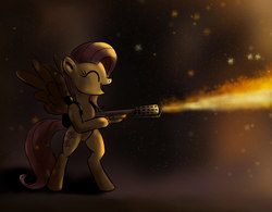 Size: 1074x838 | Tagged: safe, artist:el-yeguero, fluttershy, g4, 30 minute art challenge, bipedal, eyes closed, female, flamethrower, open mouth, pyromaniac, simple background, smiling, solo, weapon